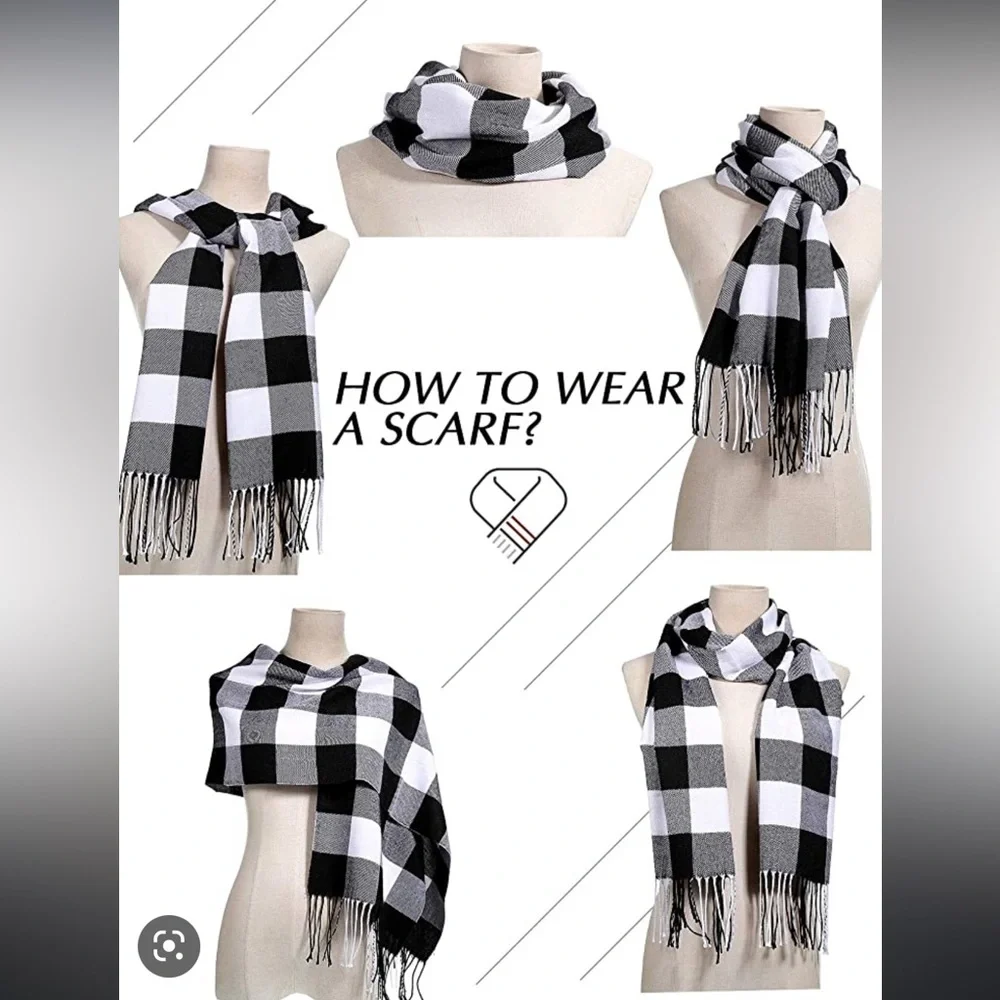 ABERCROMBIE & FITCH Buffalo Plaid Check Blanket Fringe Scarf Black White NWT $39